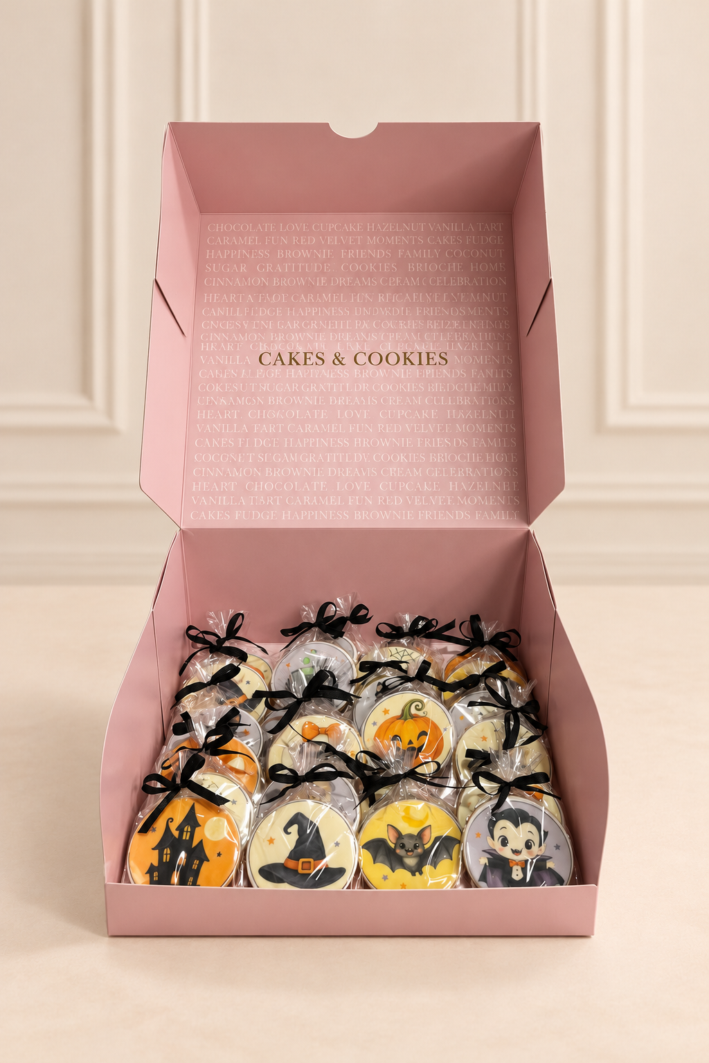 Pink Halloween cookie gift box with individually wrapped pumpkin, bat, witch hat and vampire cookies