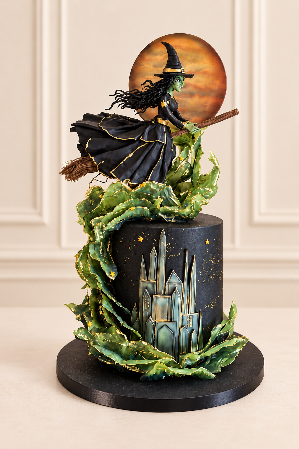 Flying witch Halloween cake with orange moon, green magical swirls and black castle