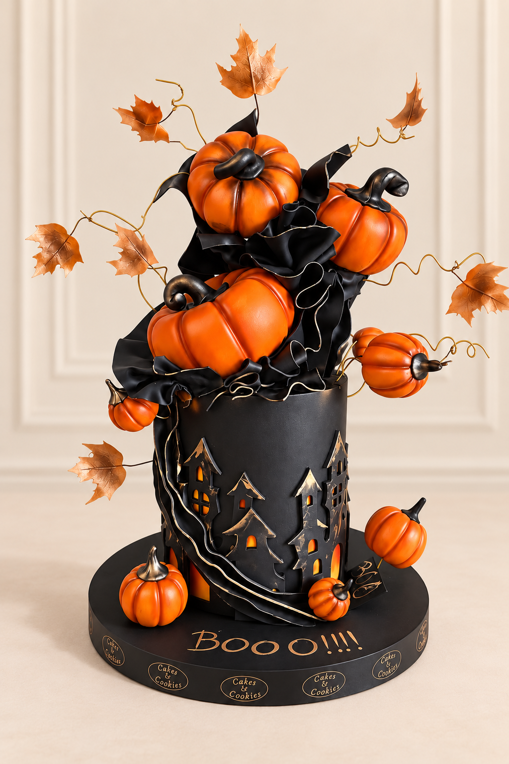 Black Halloween cake decorated with orange pumpkins, copper autumn leaves and haunted houses