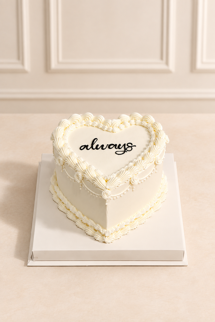 White vintage heart cake with always inscription, 15 cm