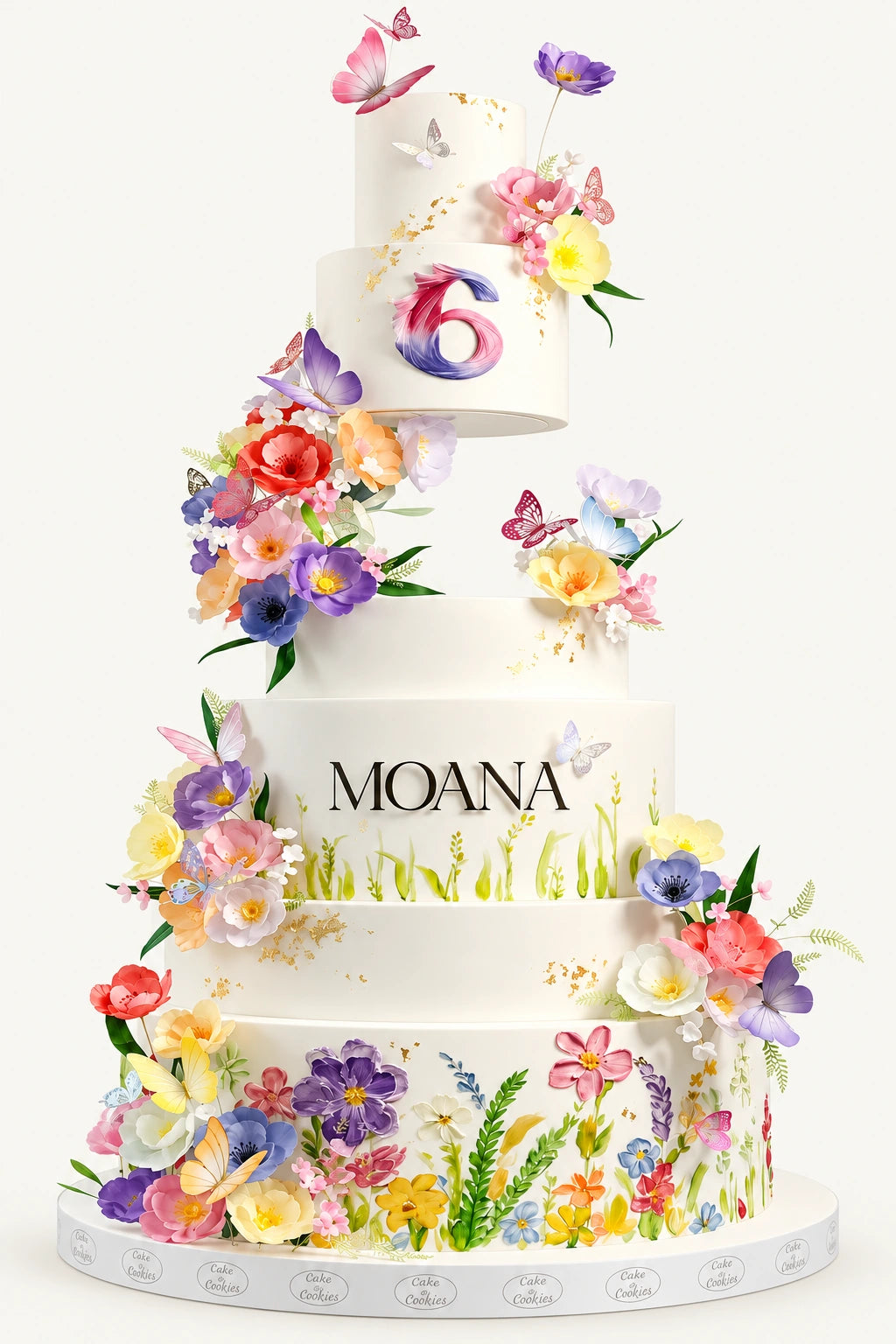 Handcrafted floral celebration cake with sugar flowers and butterflies
